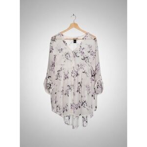 Torrid Emma Babydoll Blouse Womens 2 2X White Purple Floral Chiffon Tunic Top